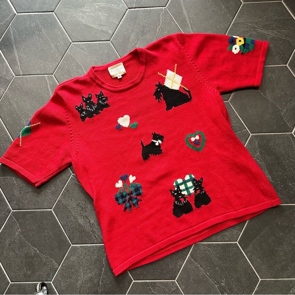 VTG 90s Scottish Terrier Red Short Sleeve Knitted Sweater T-shirt